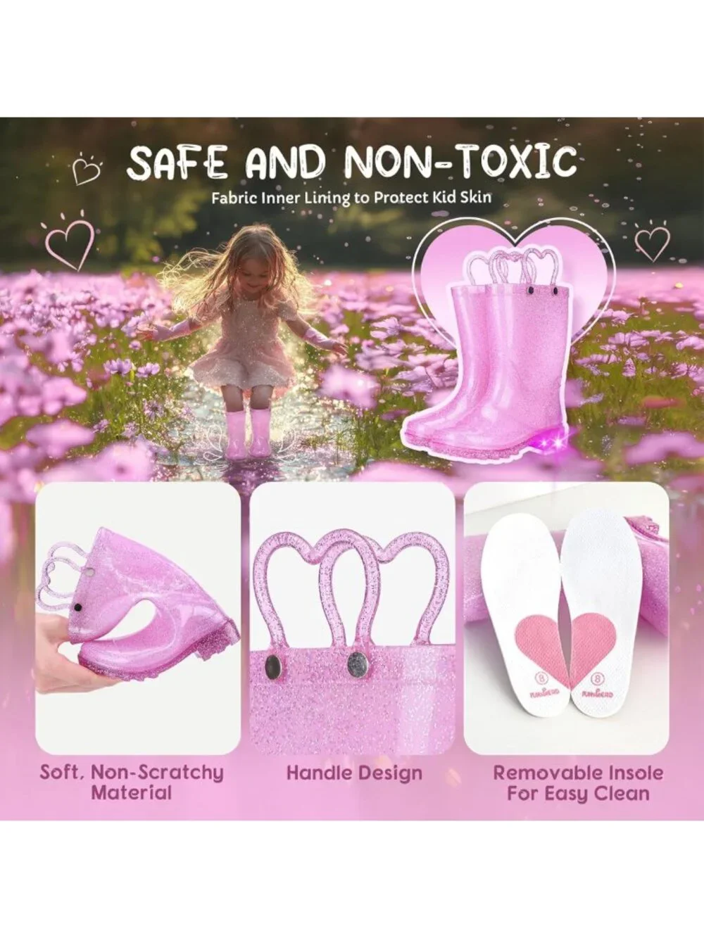 Glitter Light-Up Toddler Rain Boots - Waterproof, Easy-On Handles, Kids Shoes